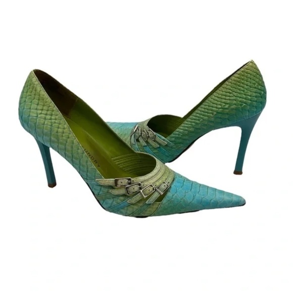 Chinese Laundry Vina Blue Lime Pointed Toe Snake Print Pumps Size 7 1/2 Women’s - Picture 1 of 9